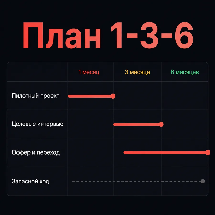 План 1-3-6: таймлайн с пилотным проектом, целевыми интервью, оффером и запасным ходом