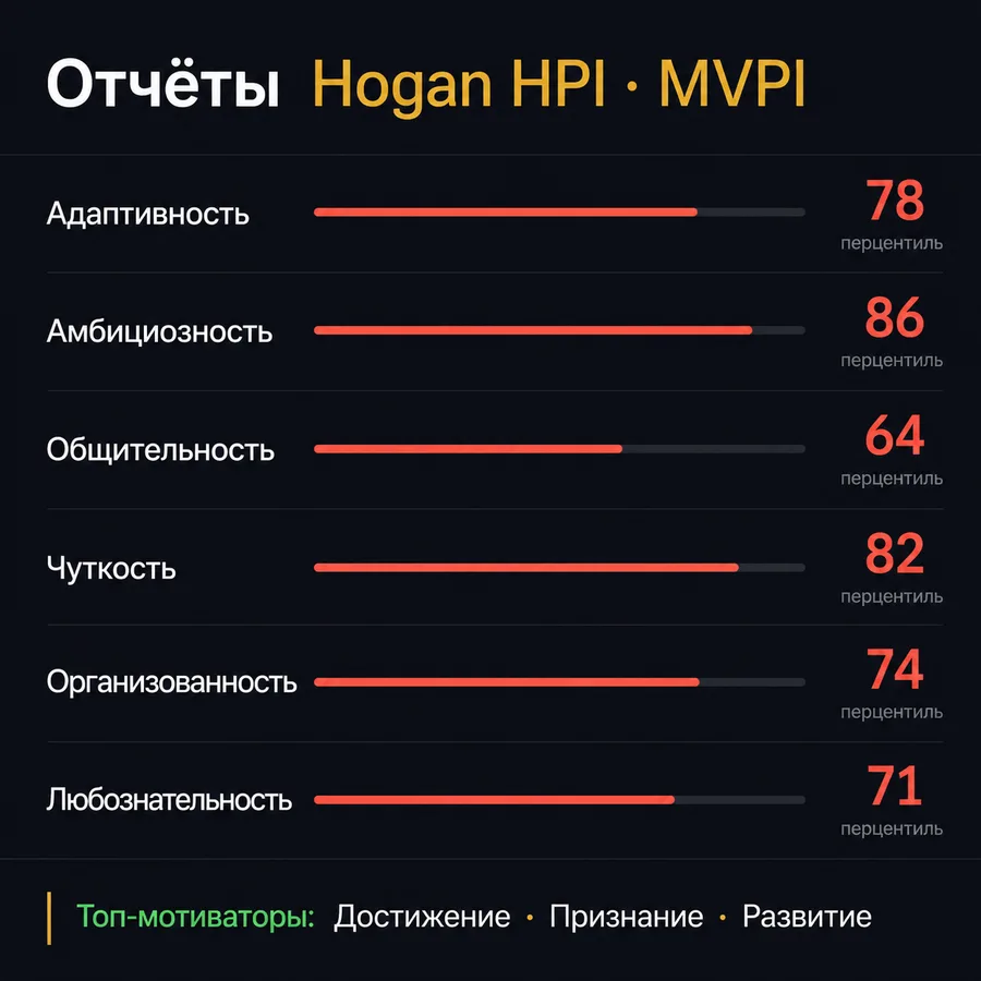 Отчёты Hogan HPI и MVPI: шесть шкал с перцентилями и топ-мотиваторы: достижение, признание, развитие